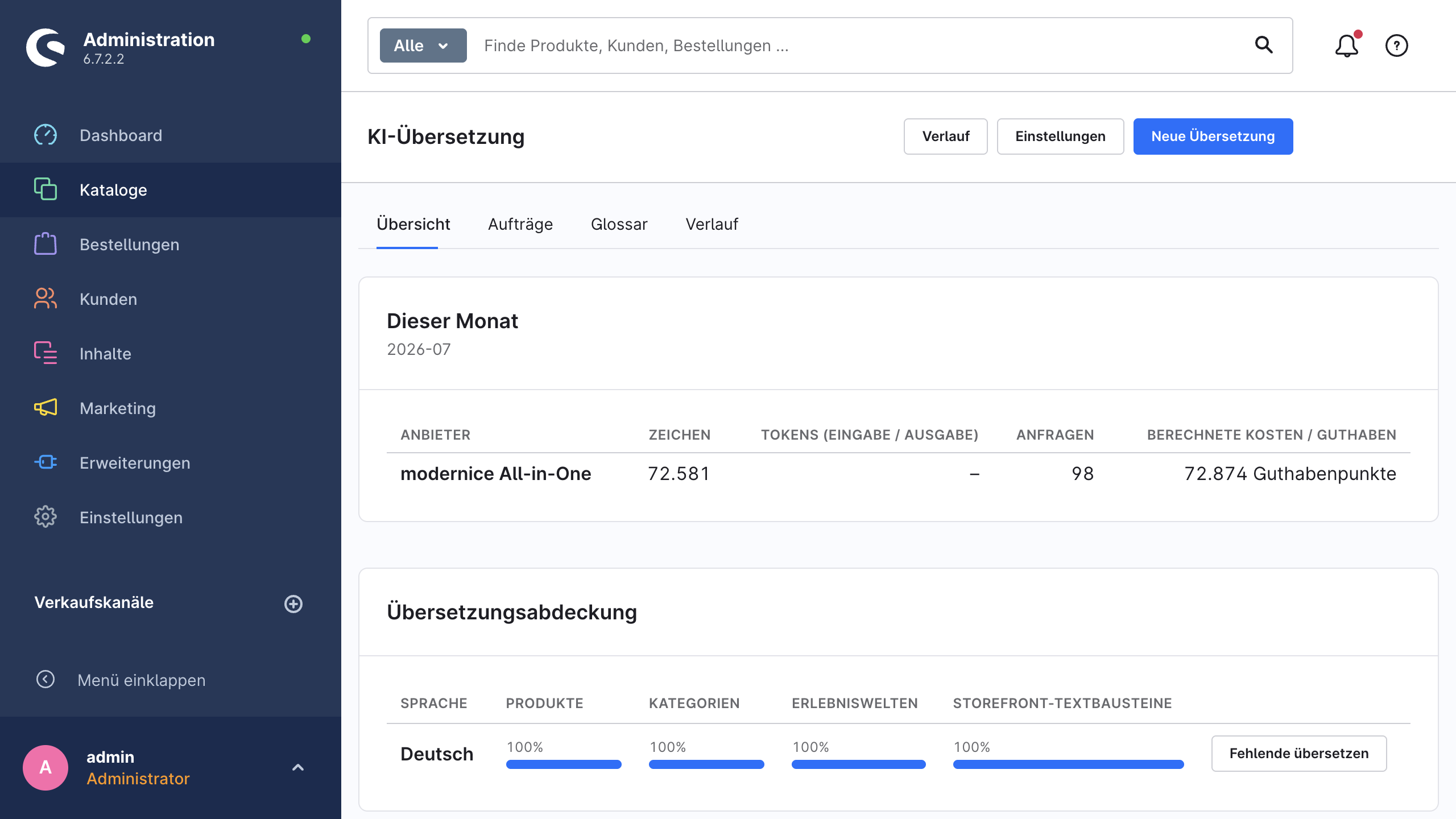 Das Dashboard der KI-Übersetzung mit dem Verbrauch des Monats, der Abdeckungsmatrix je Sprache und den letzten Übersetzungsaufträgen