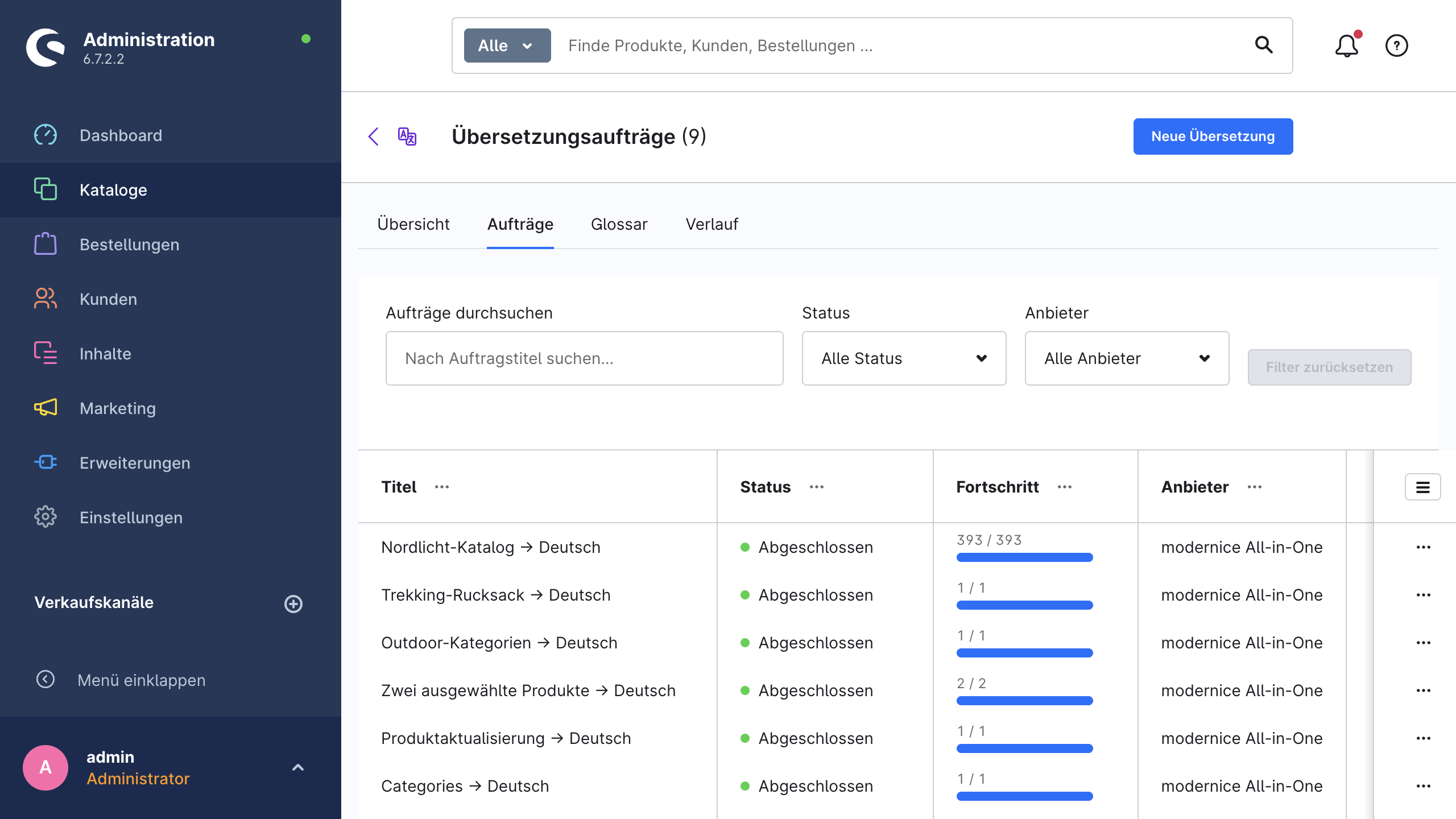 Die Liste der Übersetzungsaufträge mit den Spalten Status, Fortschritt, Anbieter und Kosten