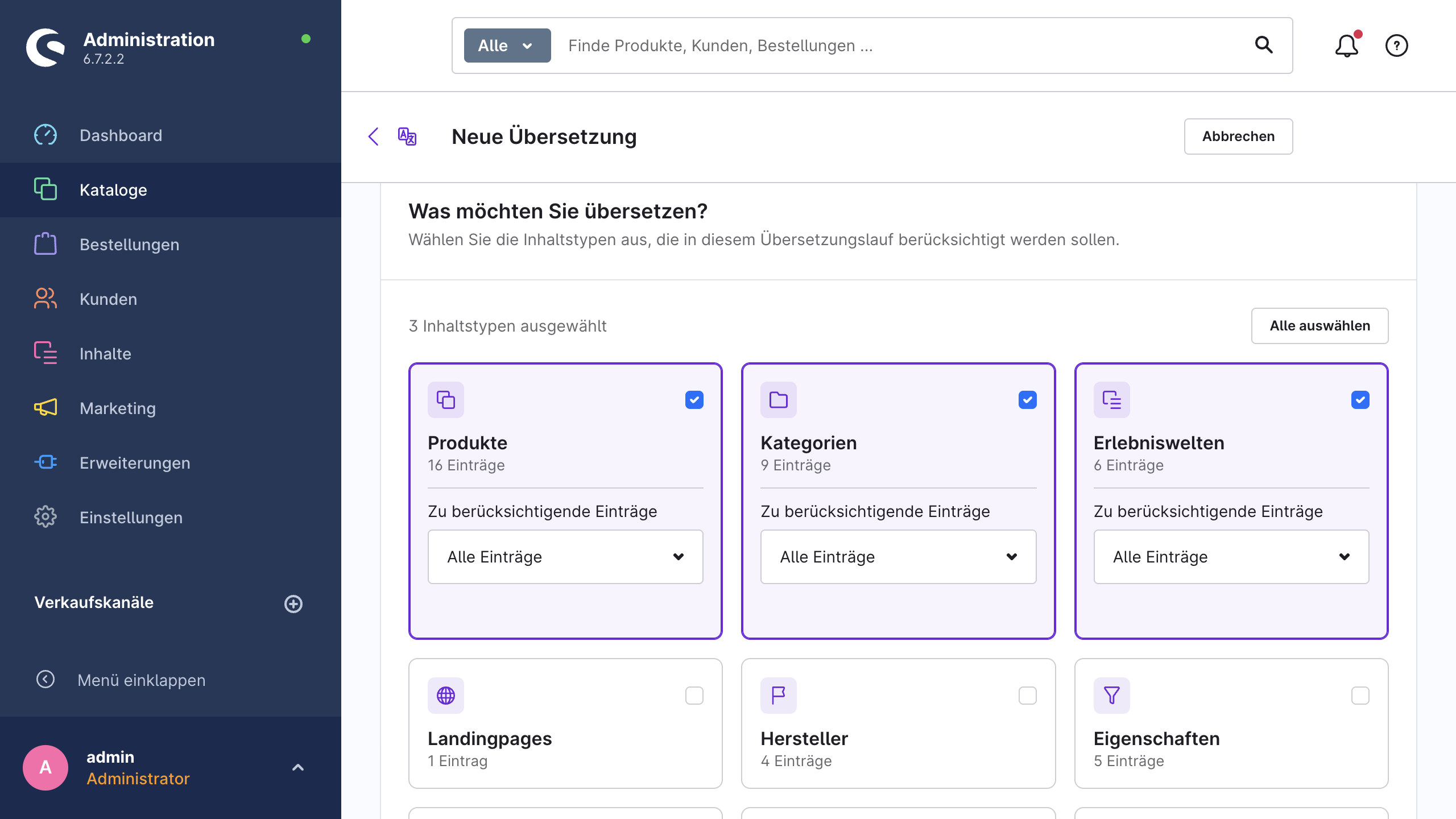 Der Inhalte-Schritt des Assistenten mit den auswählbaren Inhaltstypen, den Eintragszahlen und der Umfangsauswahl