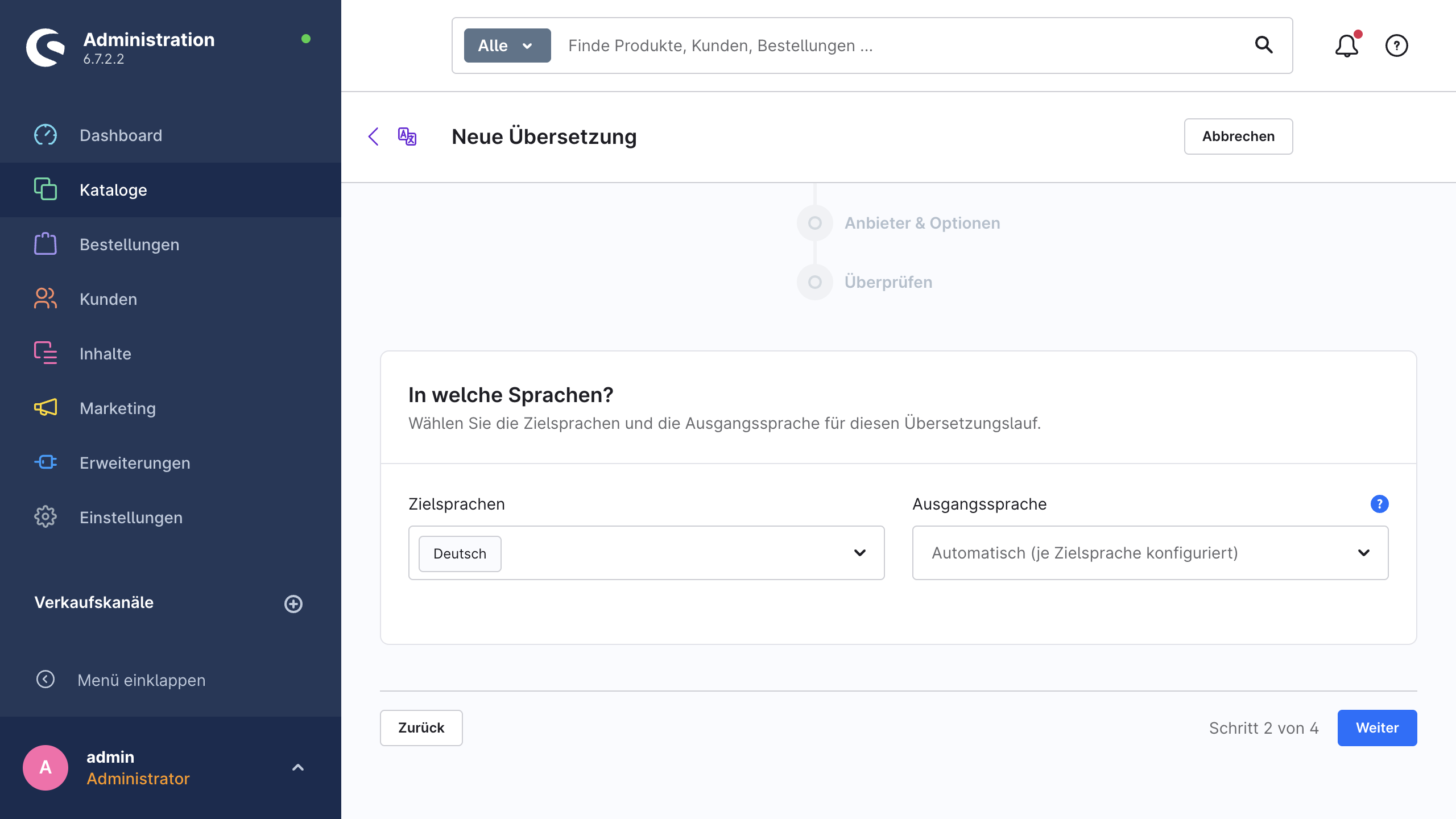 Schritt 2 des Assistenten mit der Mehrfachauswahl der Zielsprachen und der optionalen Ausgangssprache