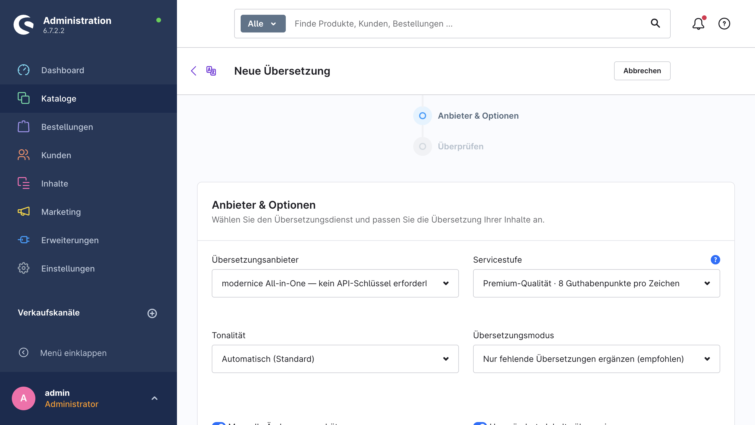 Der Schritt „Anbieter & Optionen“ des Assistenten mit den Schaltern zum Anwenden des Glossars und zum Kürzen der SEO-Felder sowie dem Feld für eigene Anweisungen