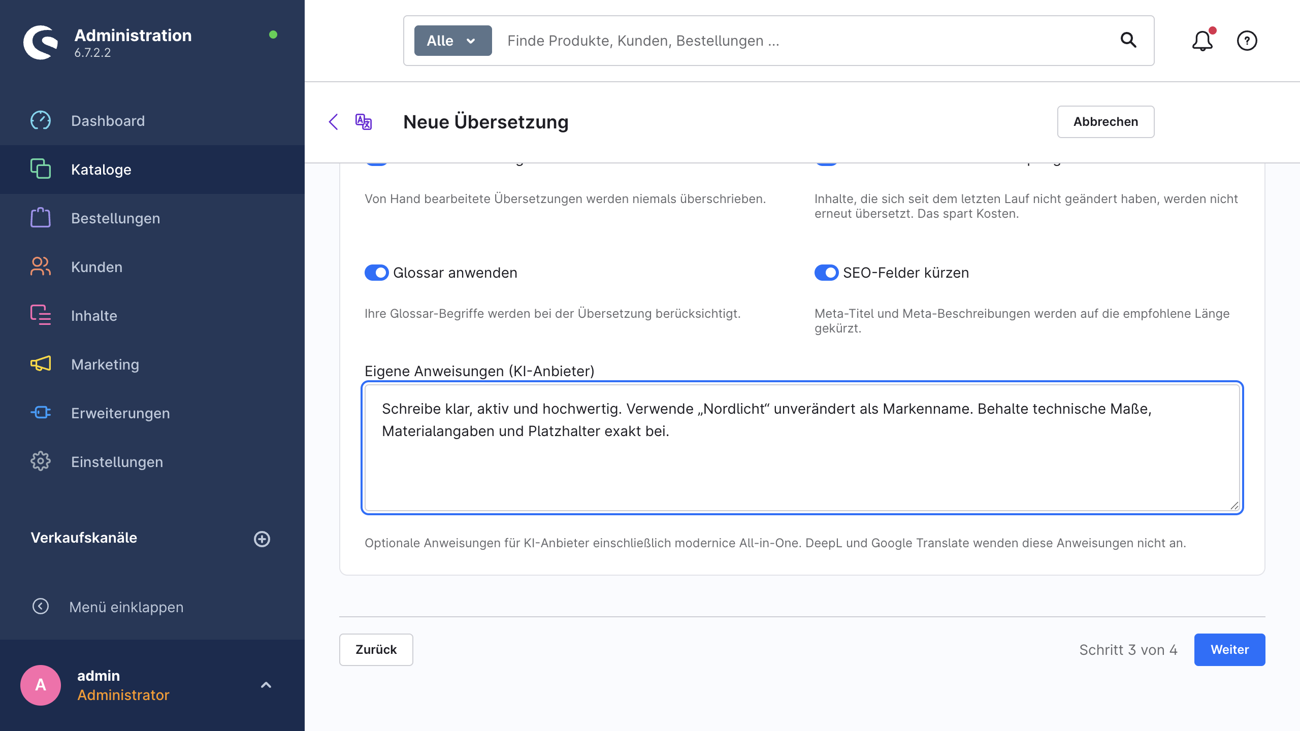 Schritt 3 des Assistenten mit dem Feld für eigene Anweisungen bei KI-Anbietern