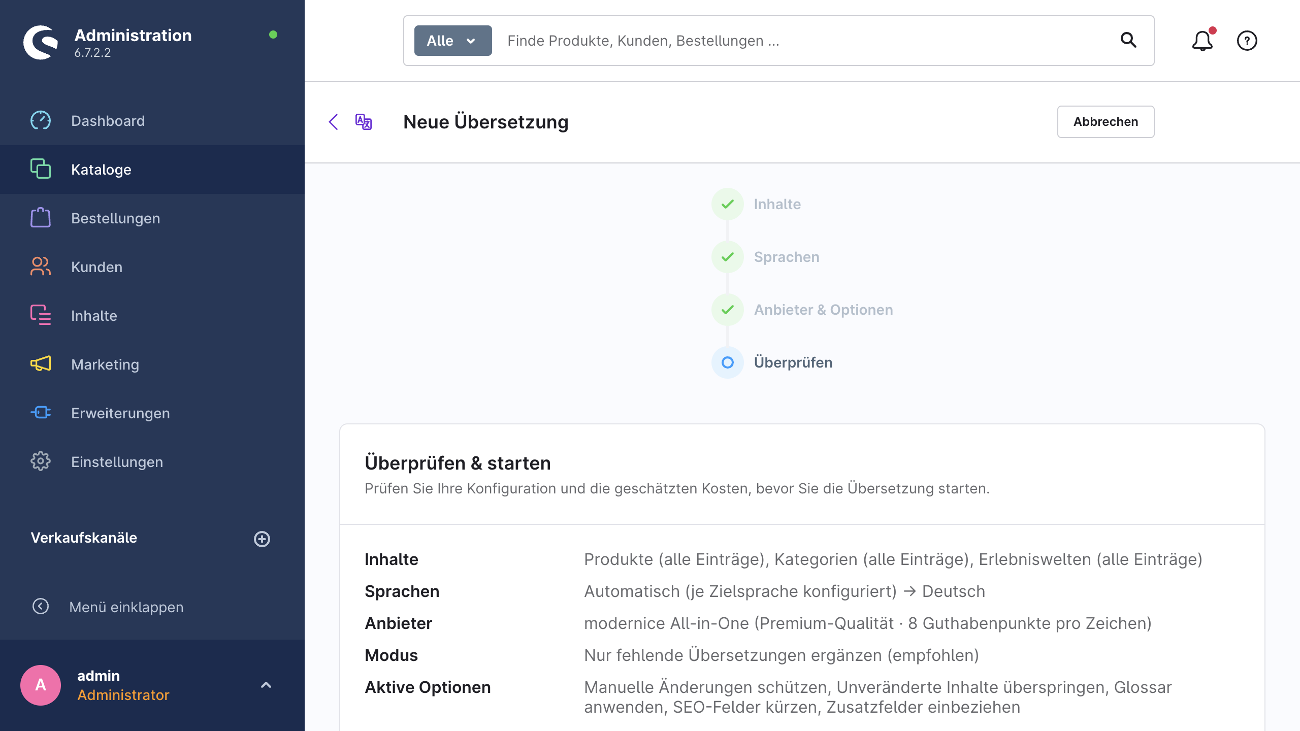 Der Schritt „Überprüfen“ des Assistenten mit Einträgen, geschätzten Zeichen, geschätzten Guthabenpunkten und verbleibendem Guthaben