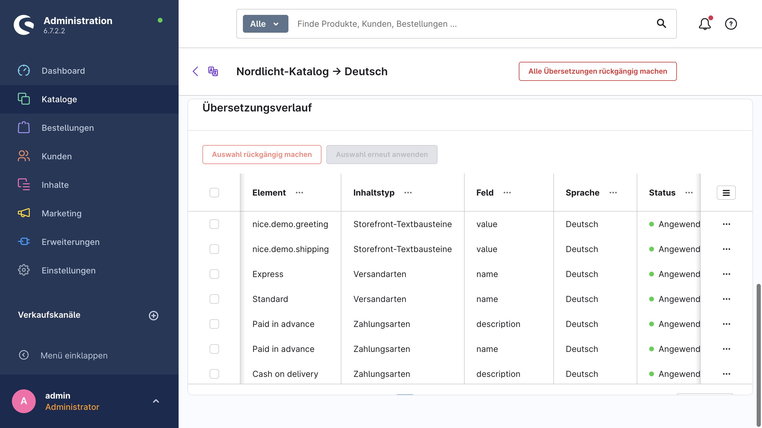 Der Übersetzungsverlauf innerhalb eines Auftrags mit Element, Feld, Sprache und Status
