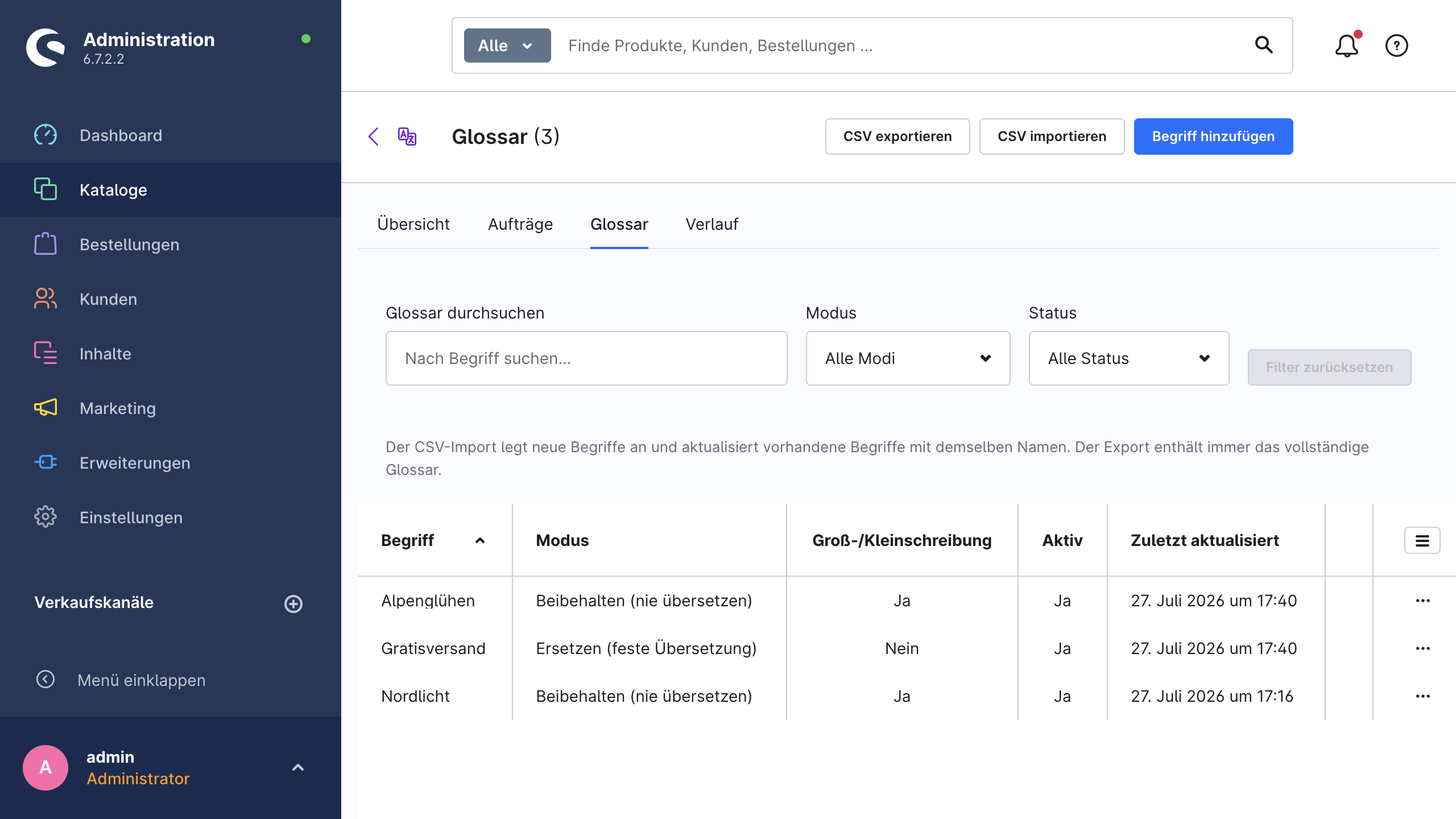 Die Glossarliste mit Such- und Filterzeile, den Schaltflächen für CSV-Import und -Export und einem Begriff im Beibehalten-Modus