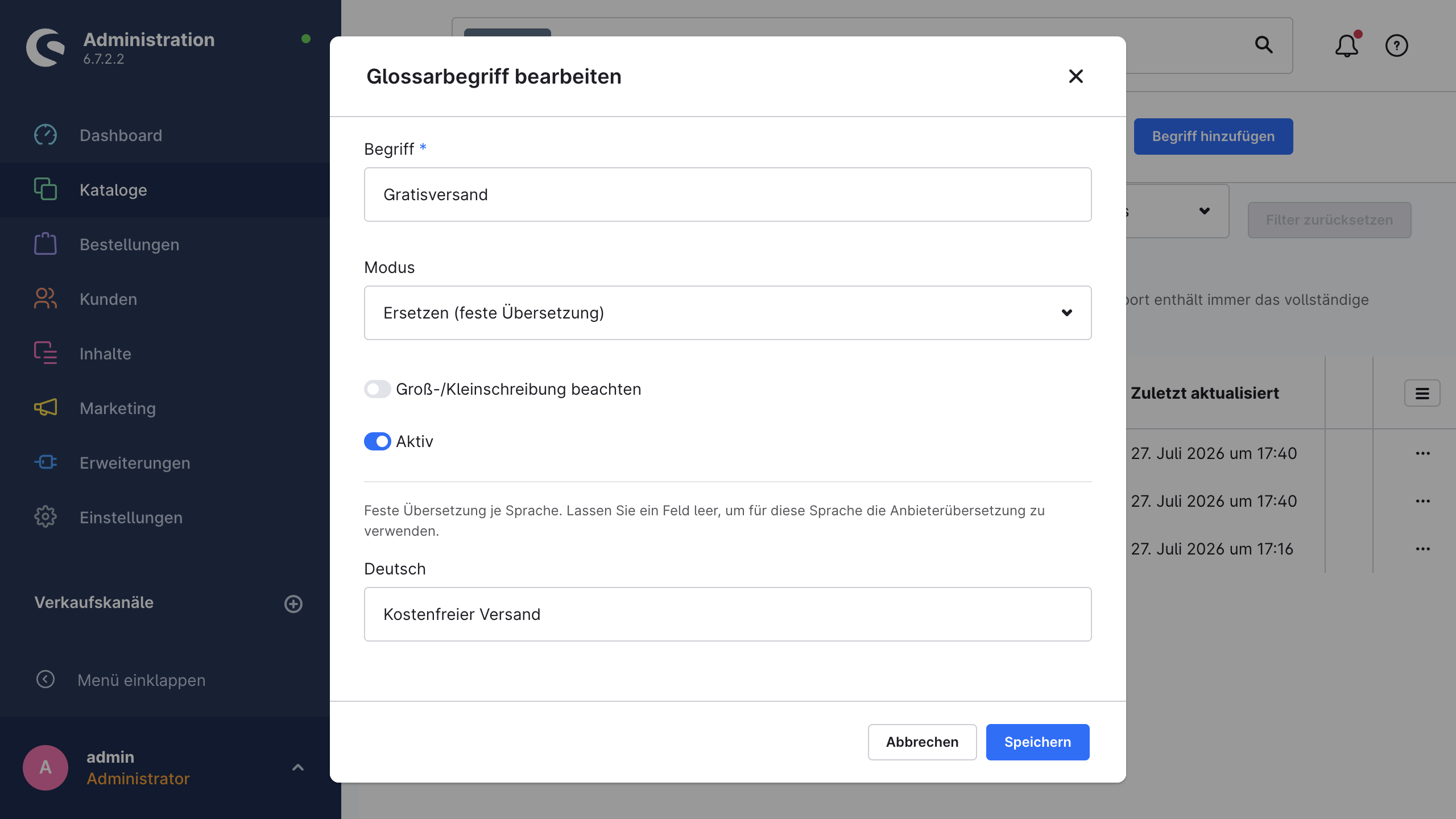 Der Editor für Glossareinträge mit Begriff, Modus, den Schaltern für Groß-/Kleinschreibung und Aktiv sowie einer festen Übersetzung je Sprache