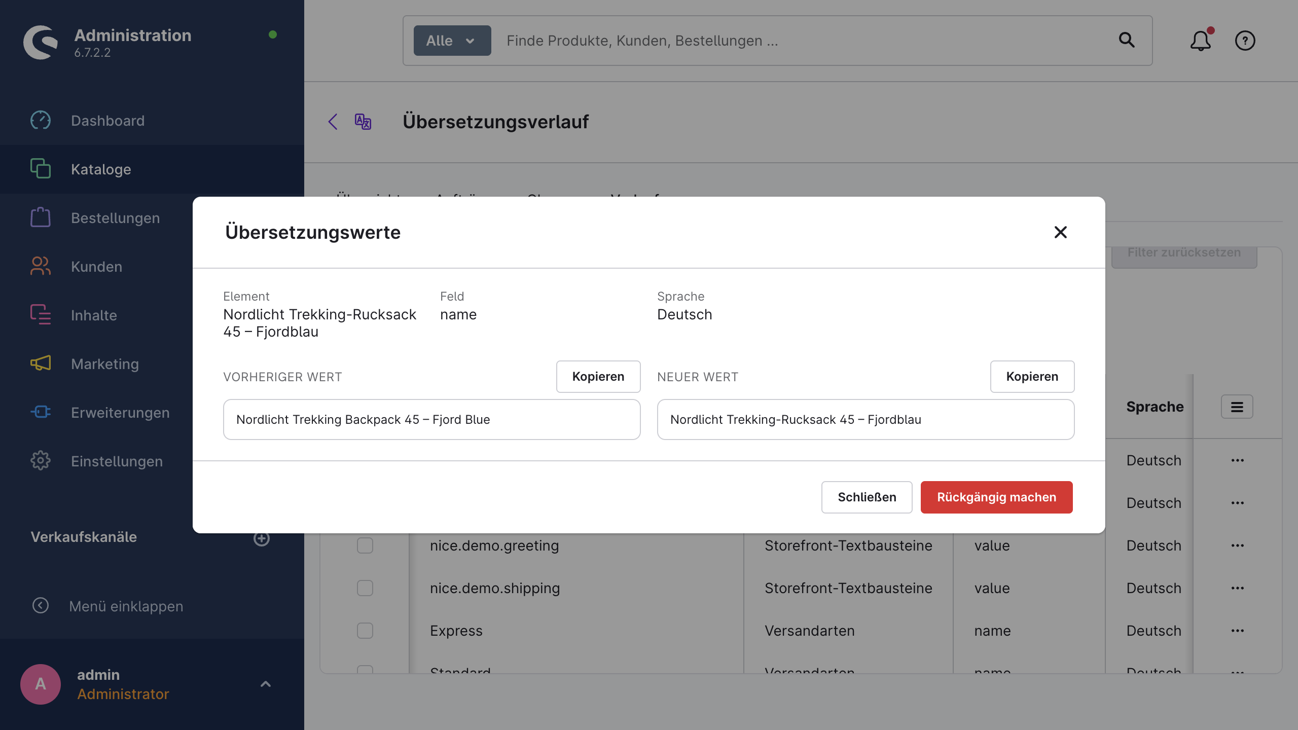 Der Dialog mit den Übersetzungswerten, der vorherigen und neuen Wert eines Produktnamens mit Kopierschaltflächen und einer Rücknahme-Aktion zeigt
