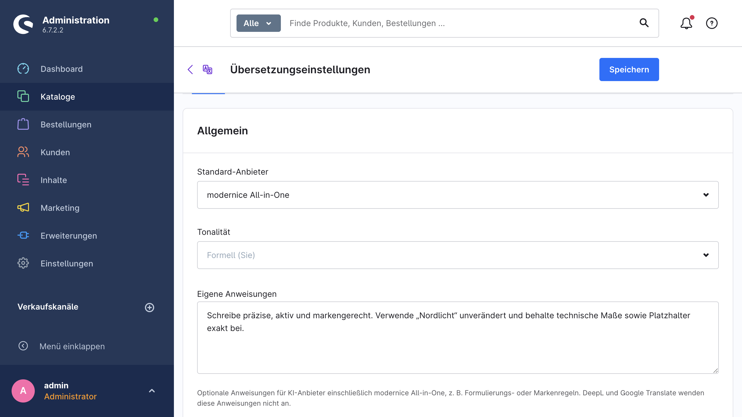 Der Tab „Anbieter“ der Übersetzungseinstellungen mit Standard-Anbieter, Tonalität und eigenen Anweisungen