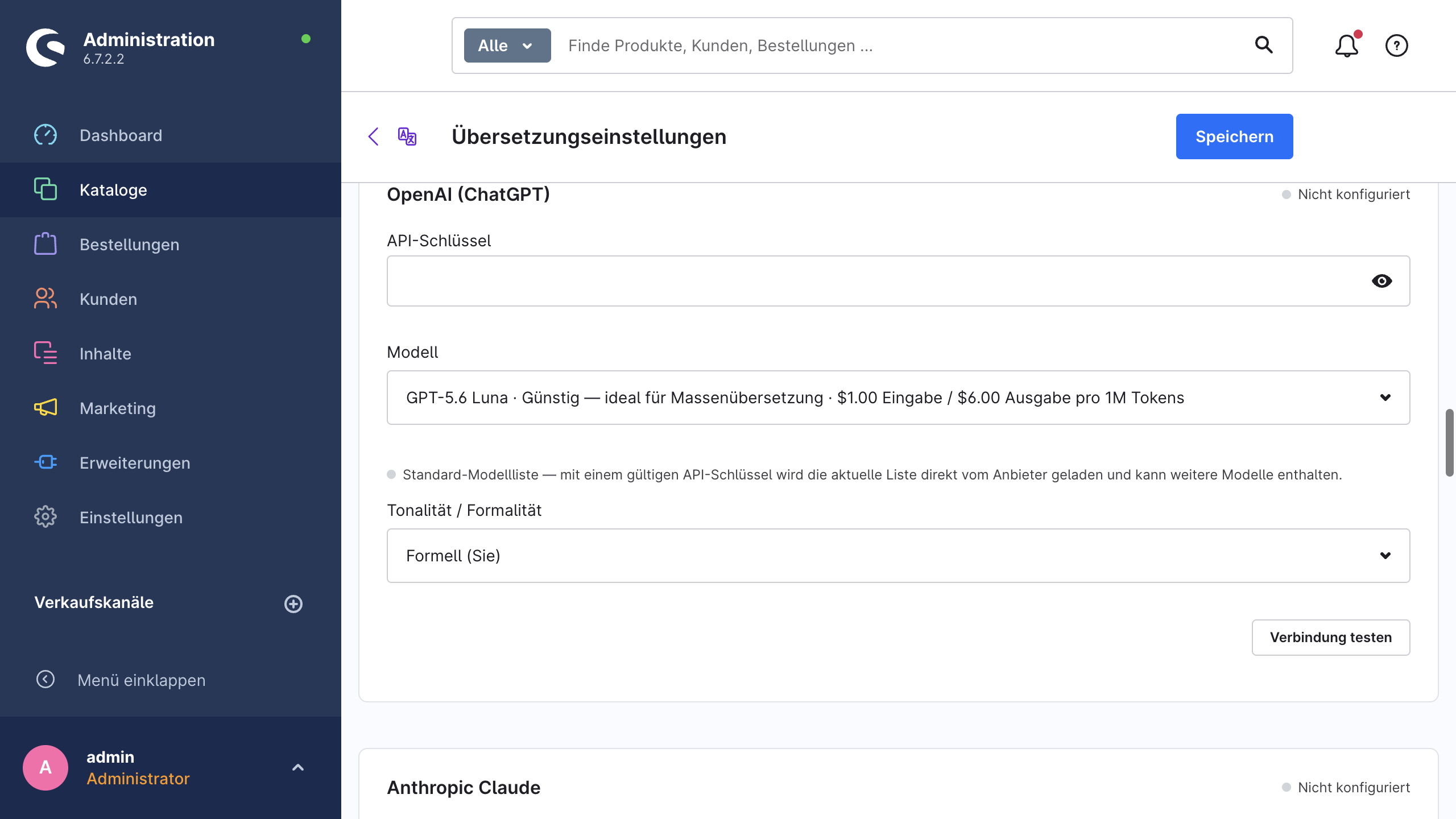 Eine Anbieterkarte mit dem Feld für den API-Schlüssel, der Modellauswahl und dem Hinweis zur Standard-Modellliste