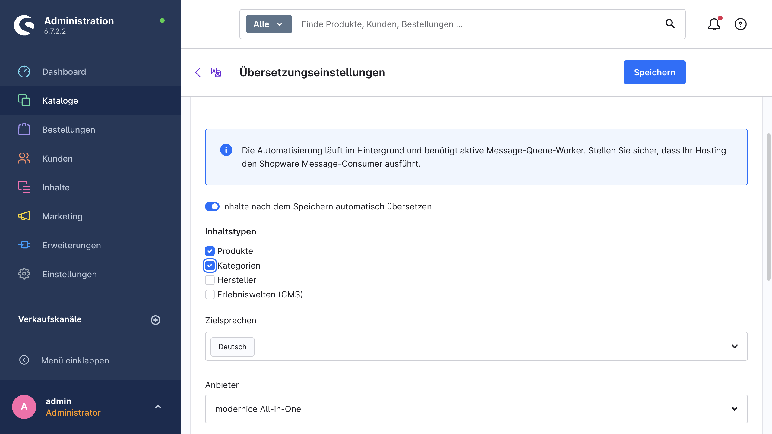 Der Tab „Automatisierung“ mit der Karte zum Übersetzen beim Speichern