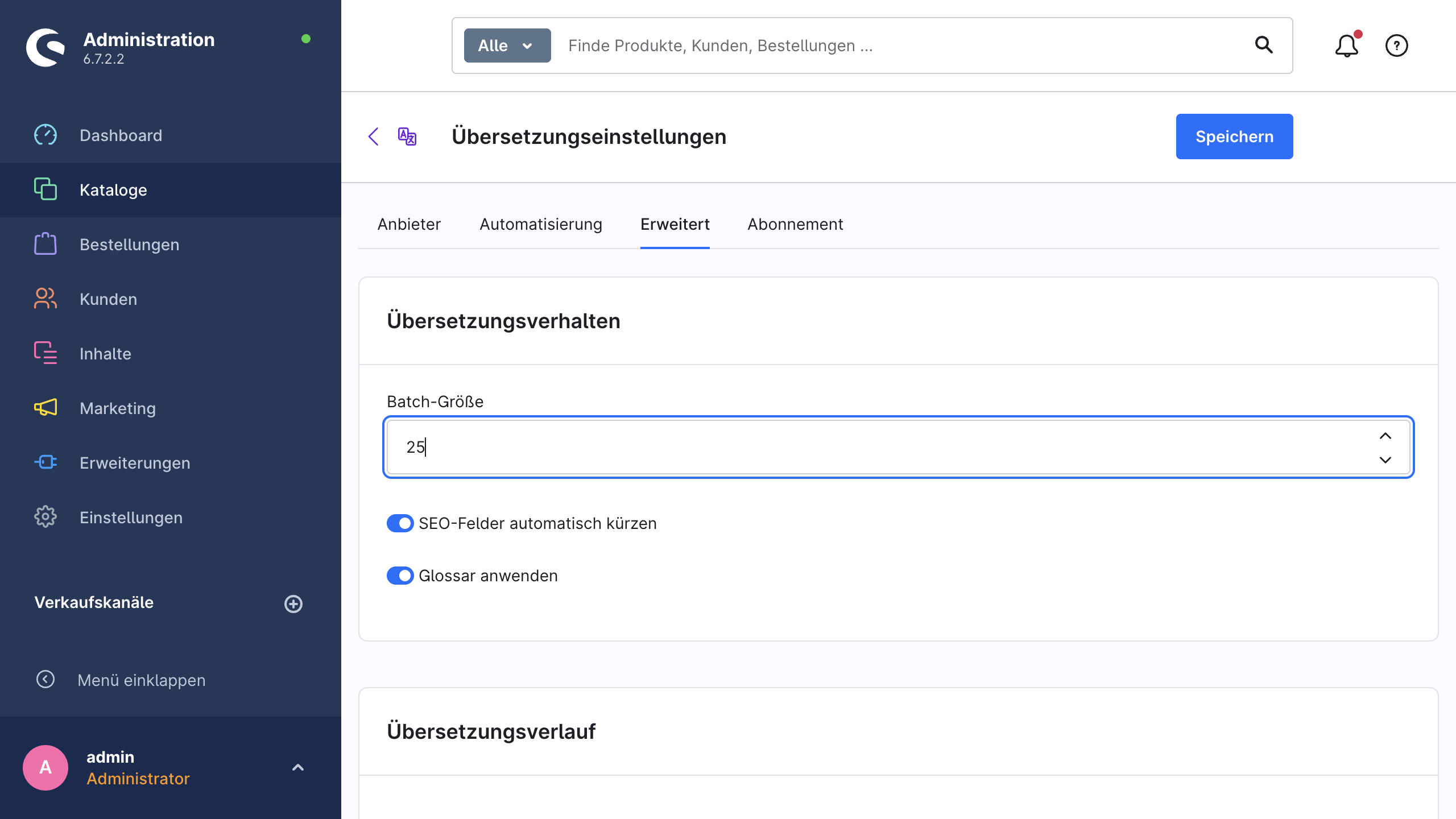 Der Tab „Erweitert“ mit der Karte zum Übersetzungsverhalten
