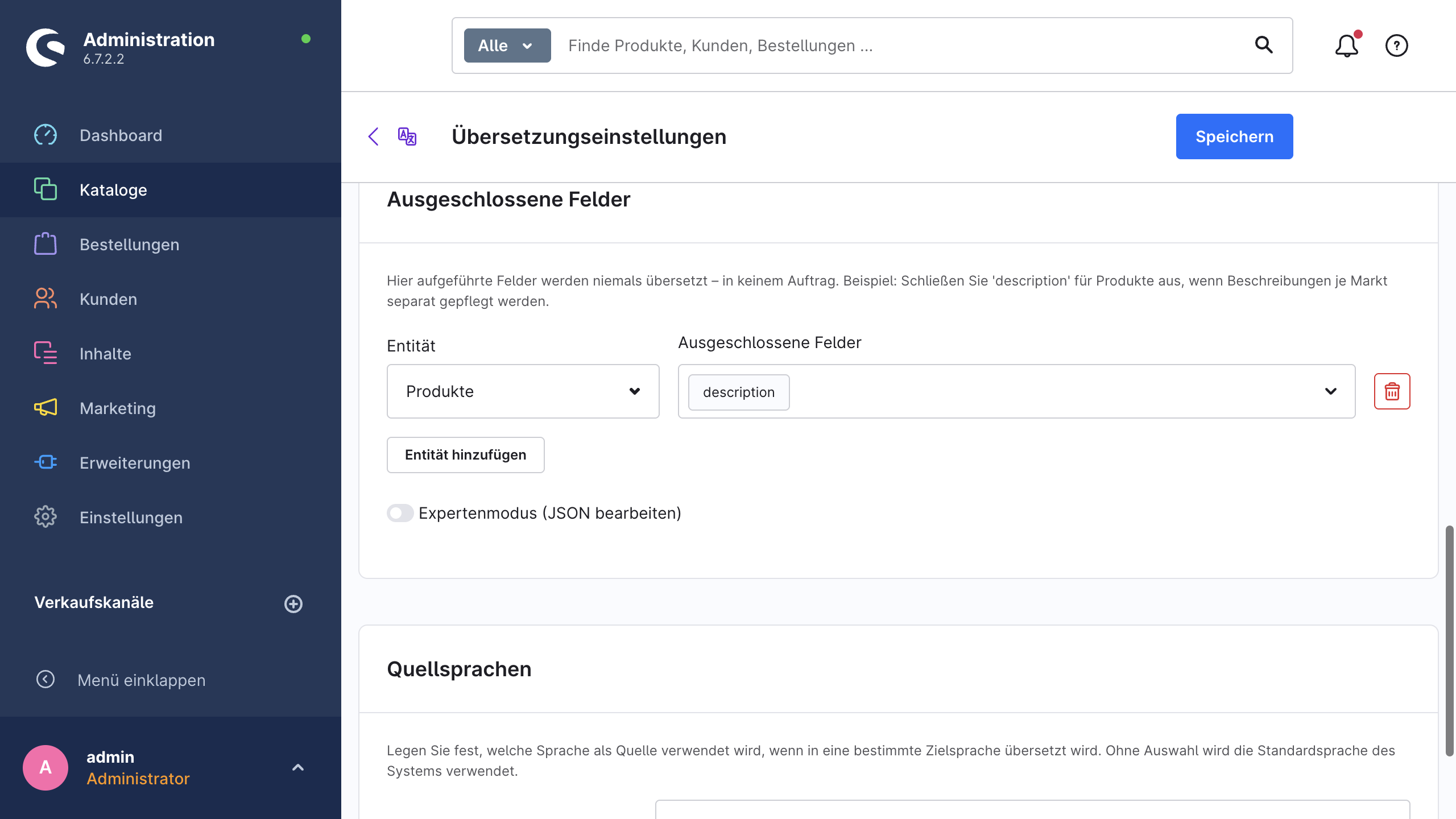 Die Karte „Ausgeschlossene Felder“ mit einer Entitätszeile und dem Schalter für den Expertenmodus