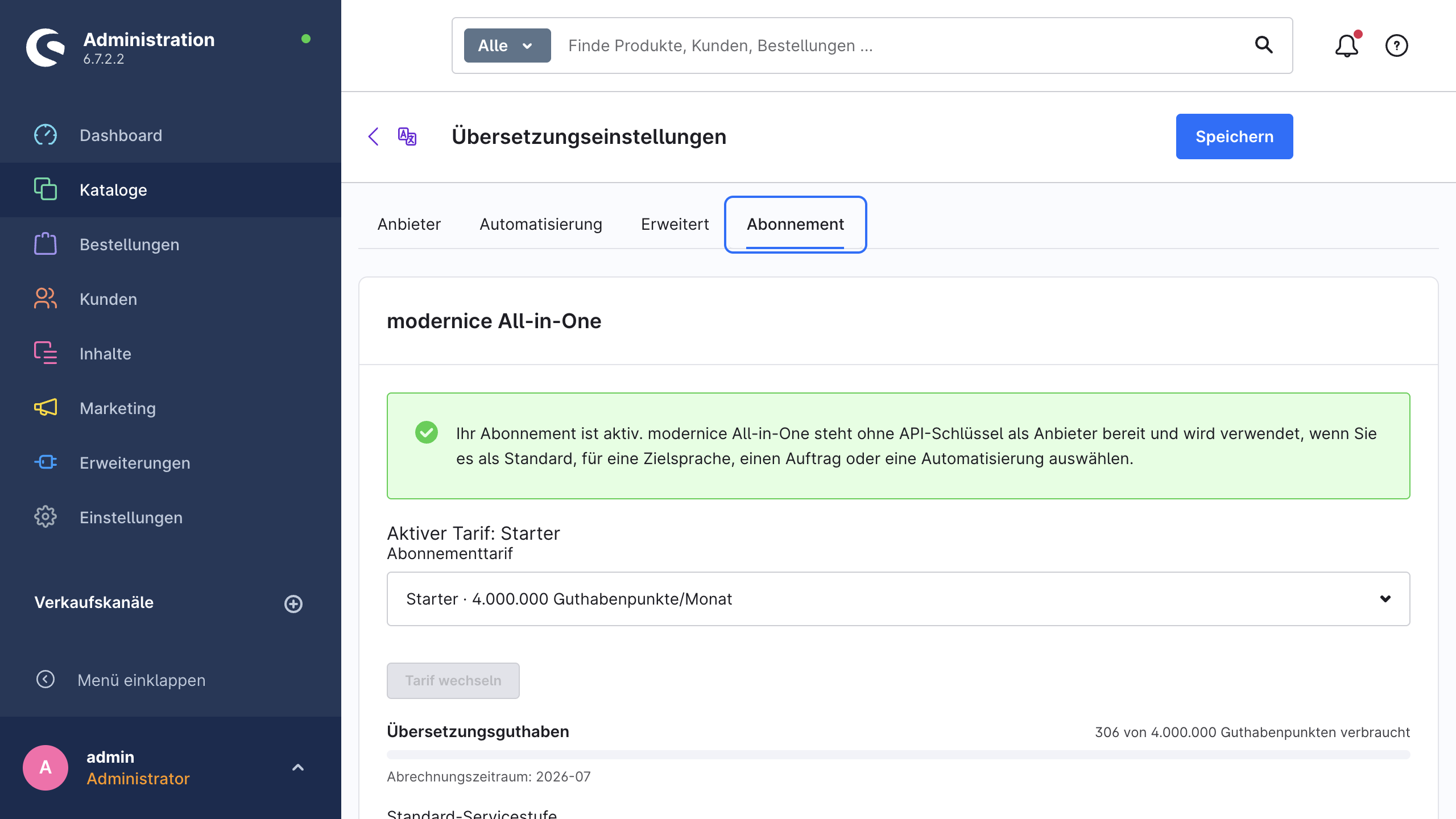 Der Tab „Abonnement“ mit aktivem Tarif, Fortschrittsbalken des Übersetzungsguthabens und der Standard-Servicestufe