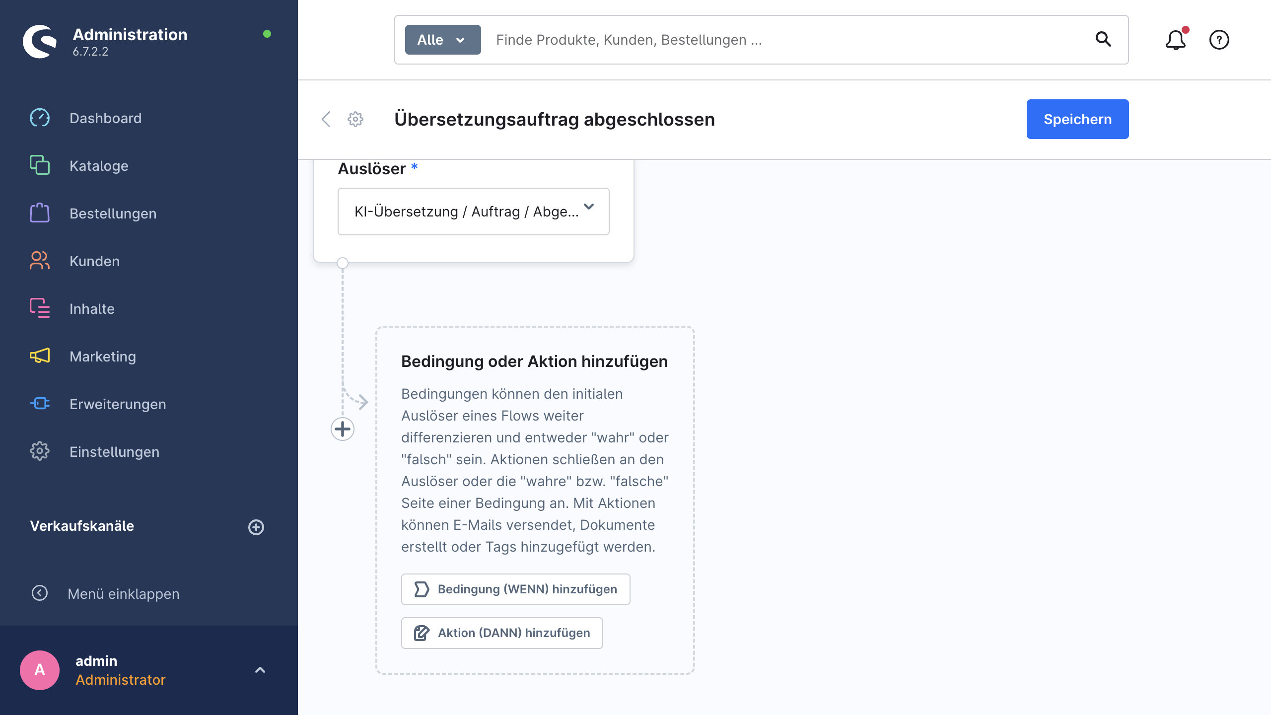 Der Flow-Builder-Editor mit dem Trigger für den abgeschlossenen Übersetzungsauftrag der KI-Übersetzung