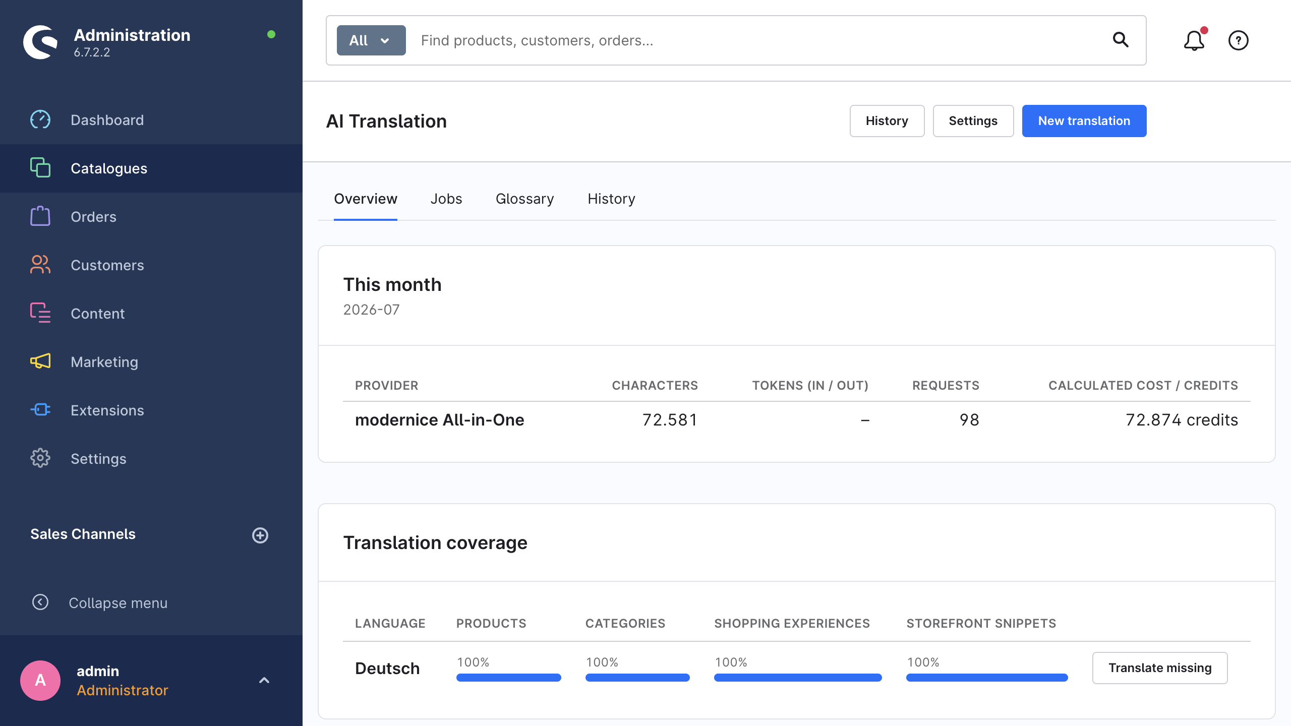 The AI Translation dashboard with the monthly usage panel, the per-language coverage matrix and the most recent translation jobs