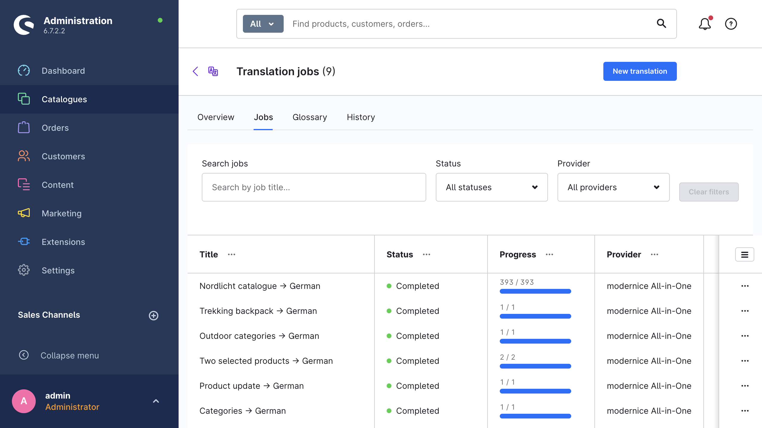 The translation jobs list with status, progress, provider and cost columns