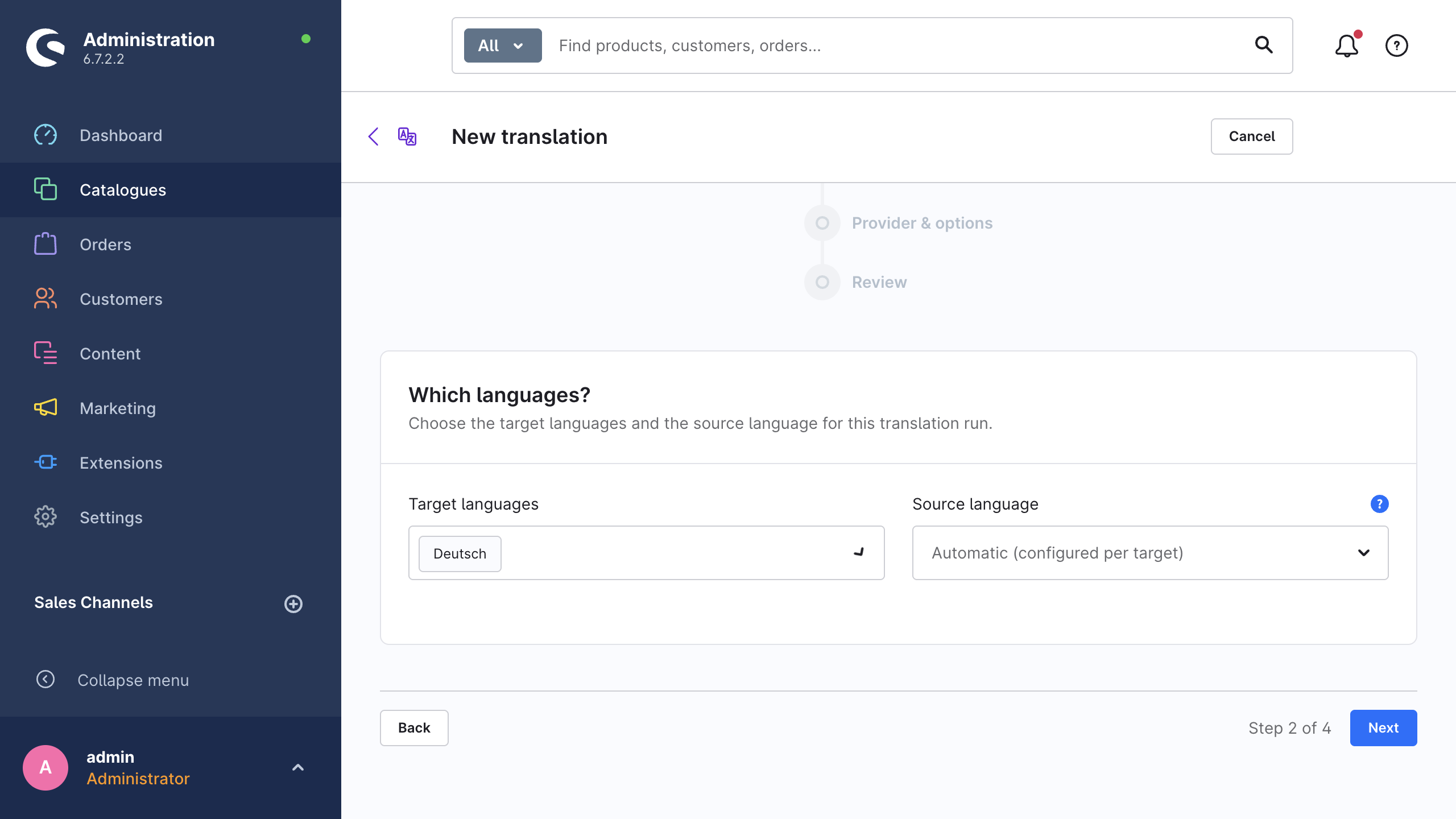 Wizard step 2 with the target-language multi-select and the optional source language