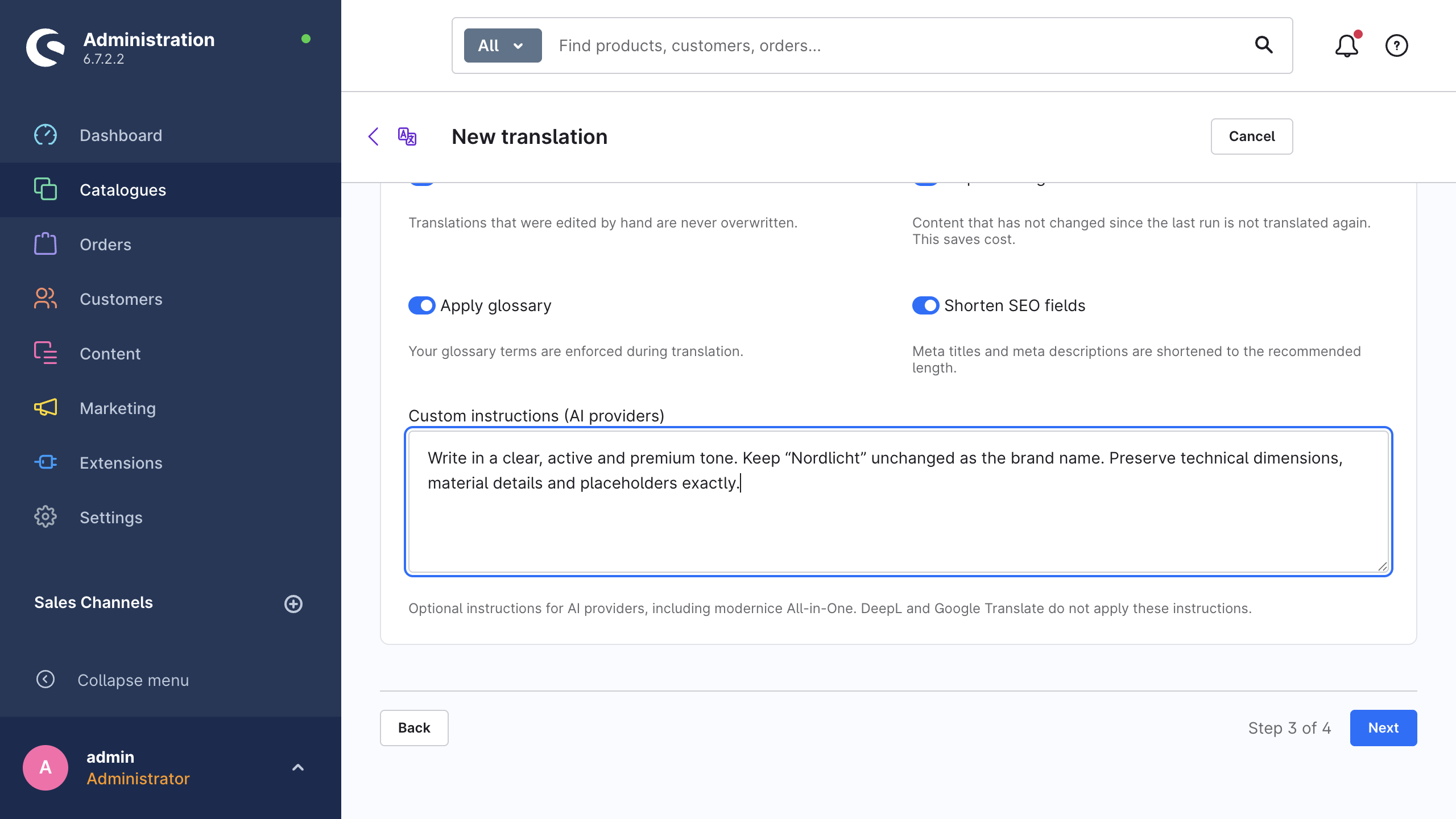 Wizard step 3 with the custom instructions field for AI providers