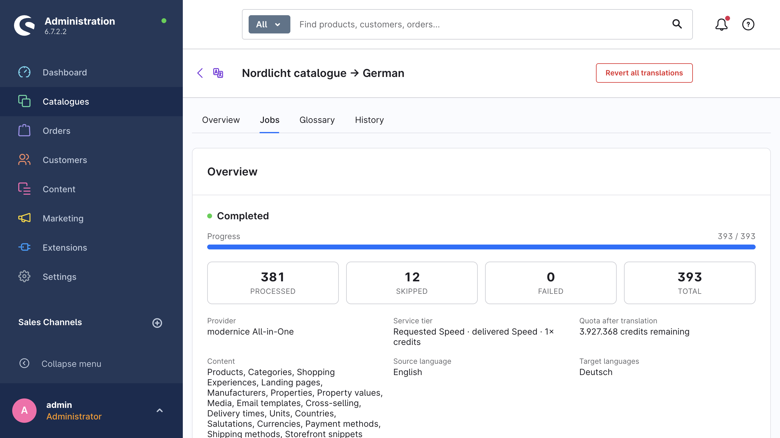 A completed translation job with its counters, metadata and cost