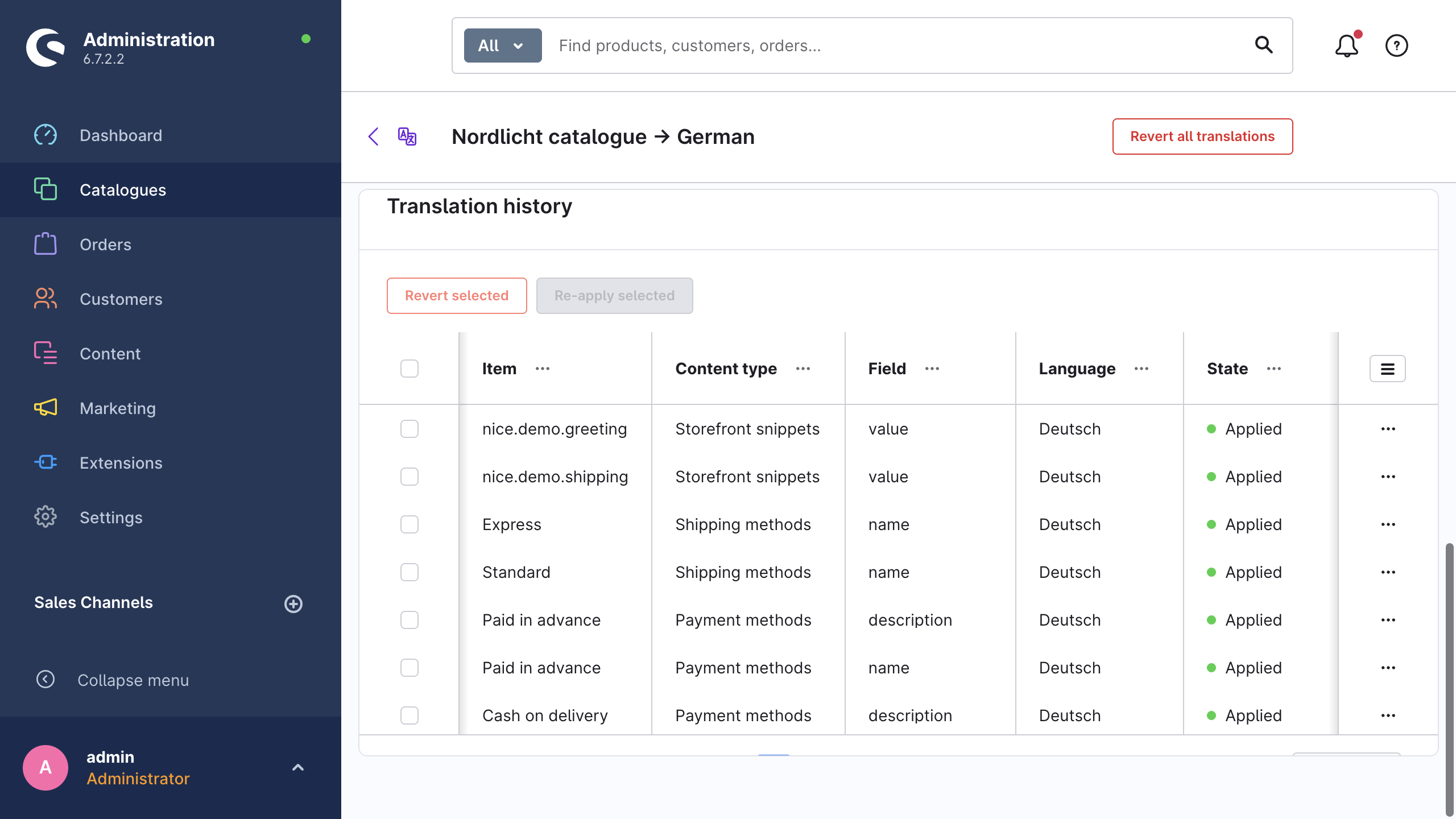 The translation history inside a job, listing item, field, language and state
