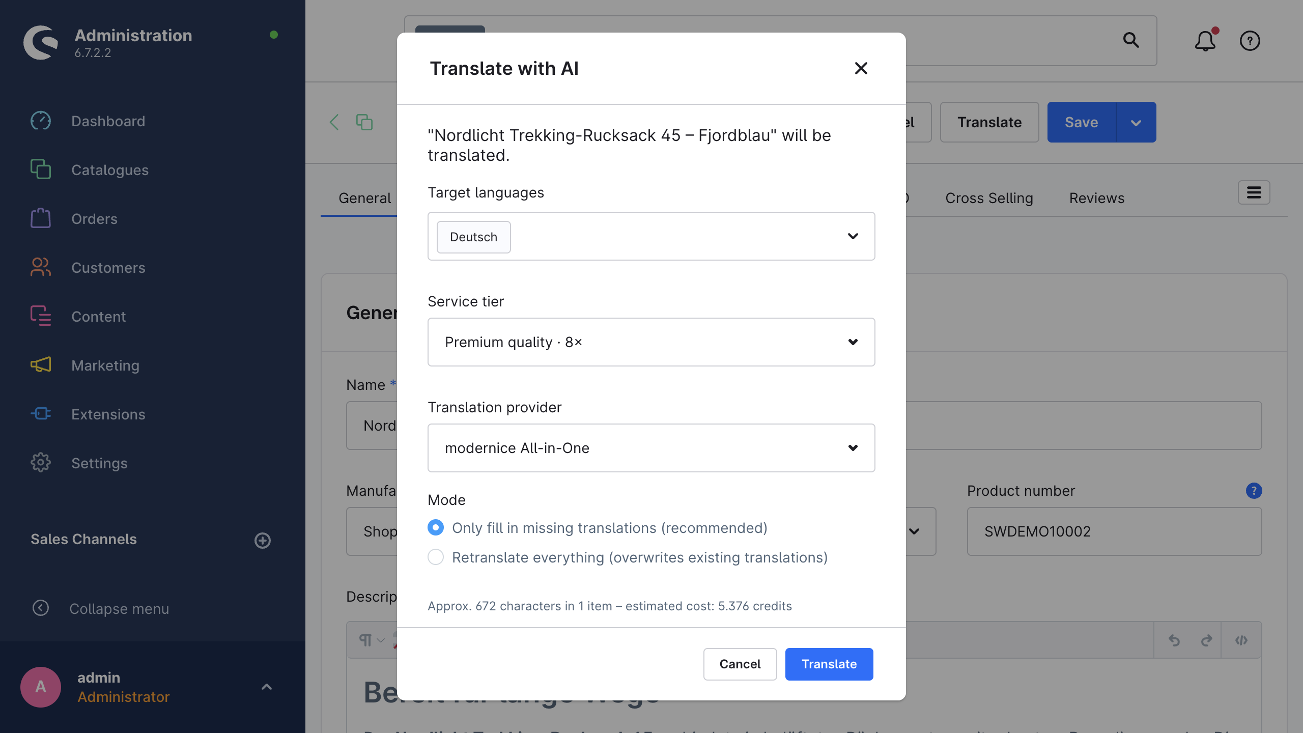 The quick translate dialog on a product, with target languages, provider and mode