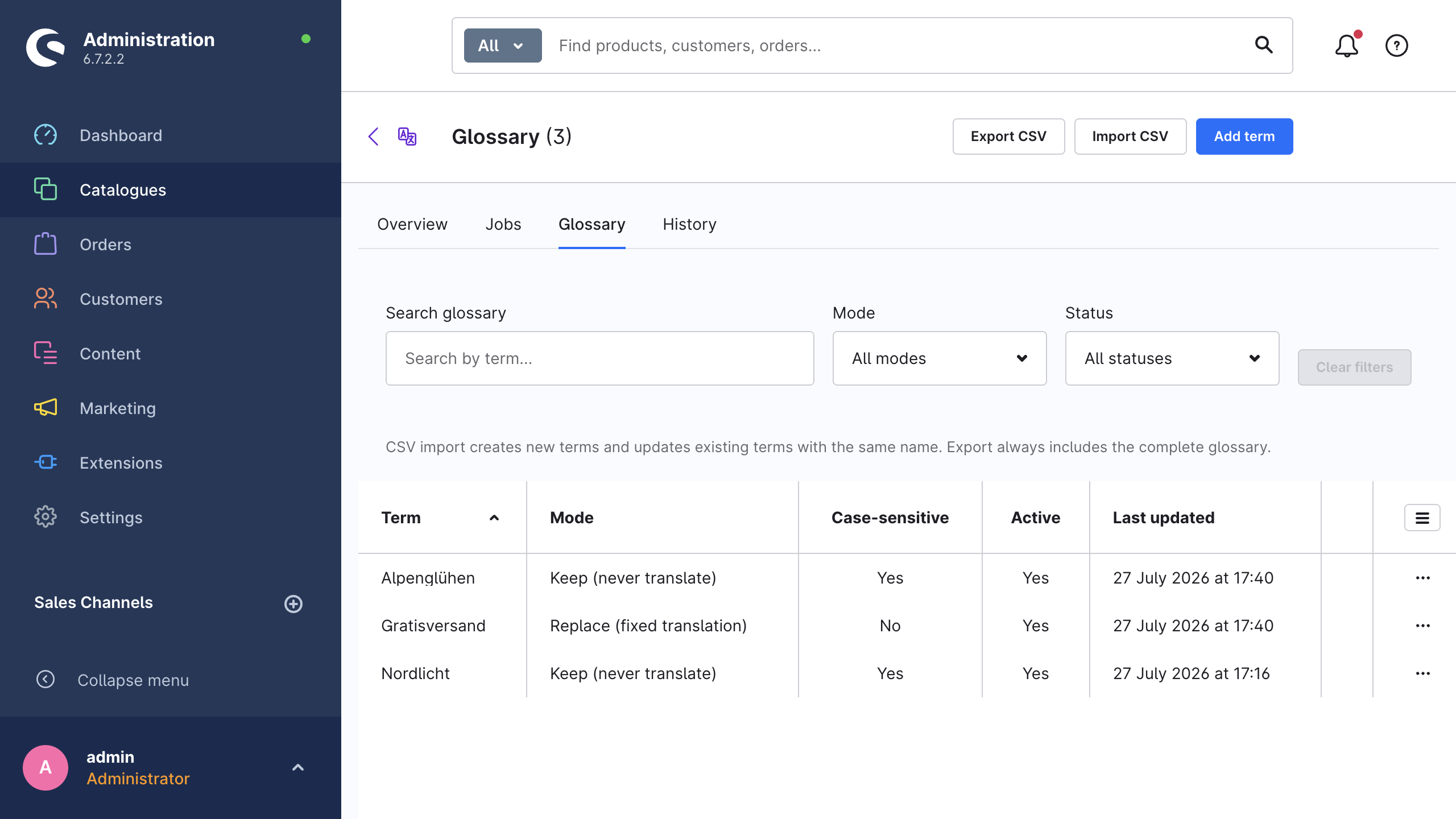 The glossary list with the search and filter row, the CSV import and export buttons and one term in keep mode