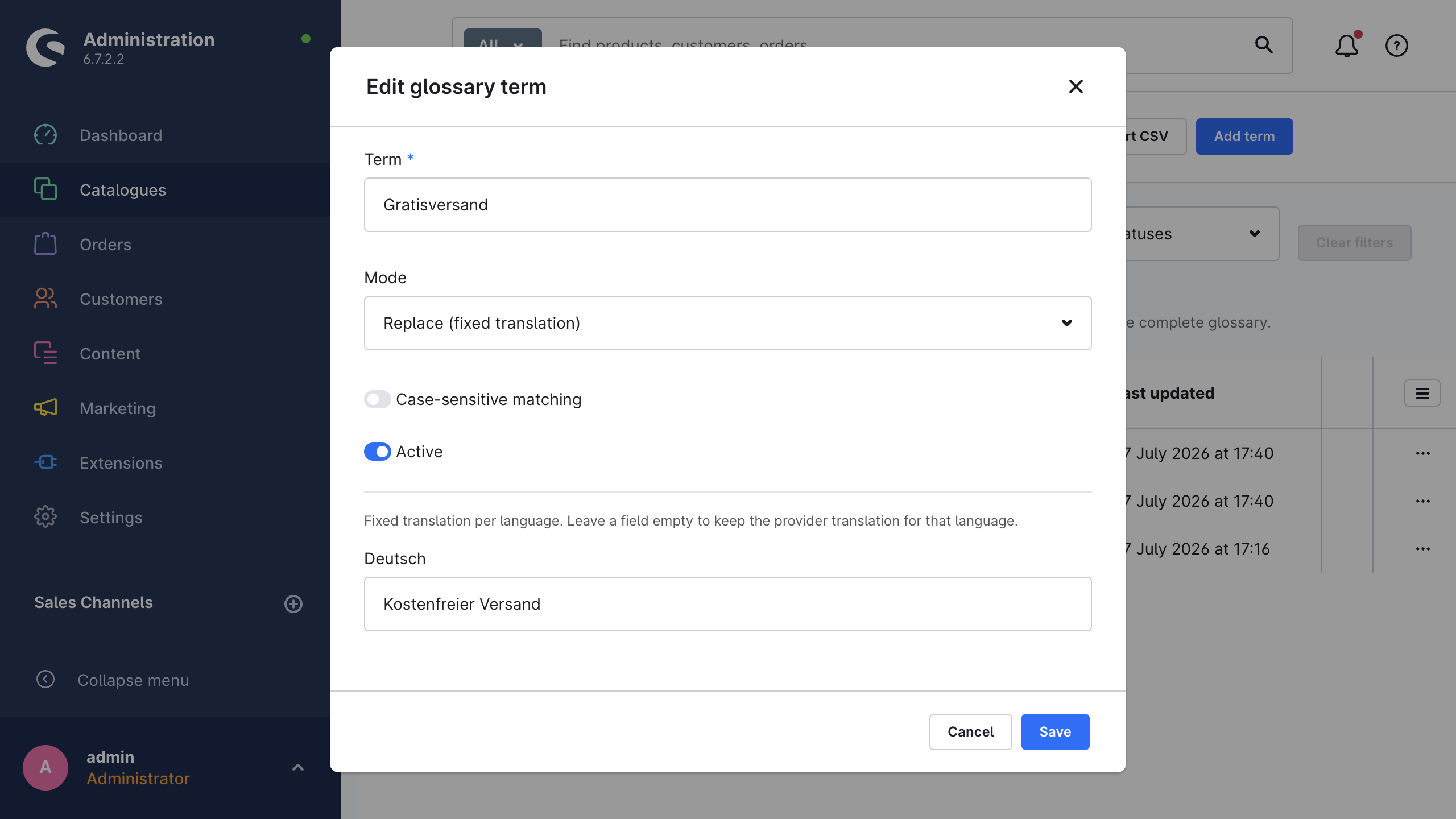 The glossary entry editor with the term, the mode, the case-sensitivity and active toggles and a fixed translation per language