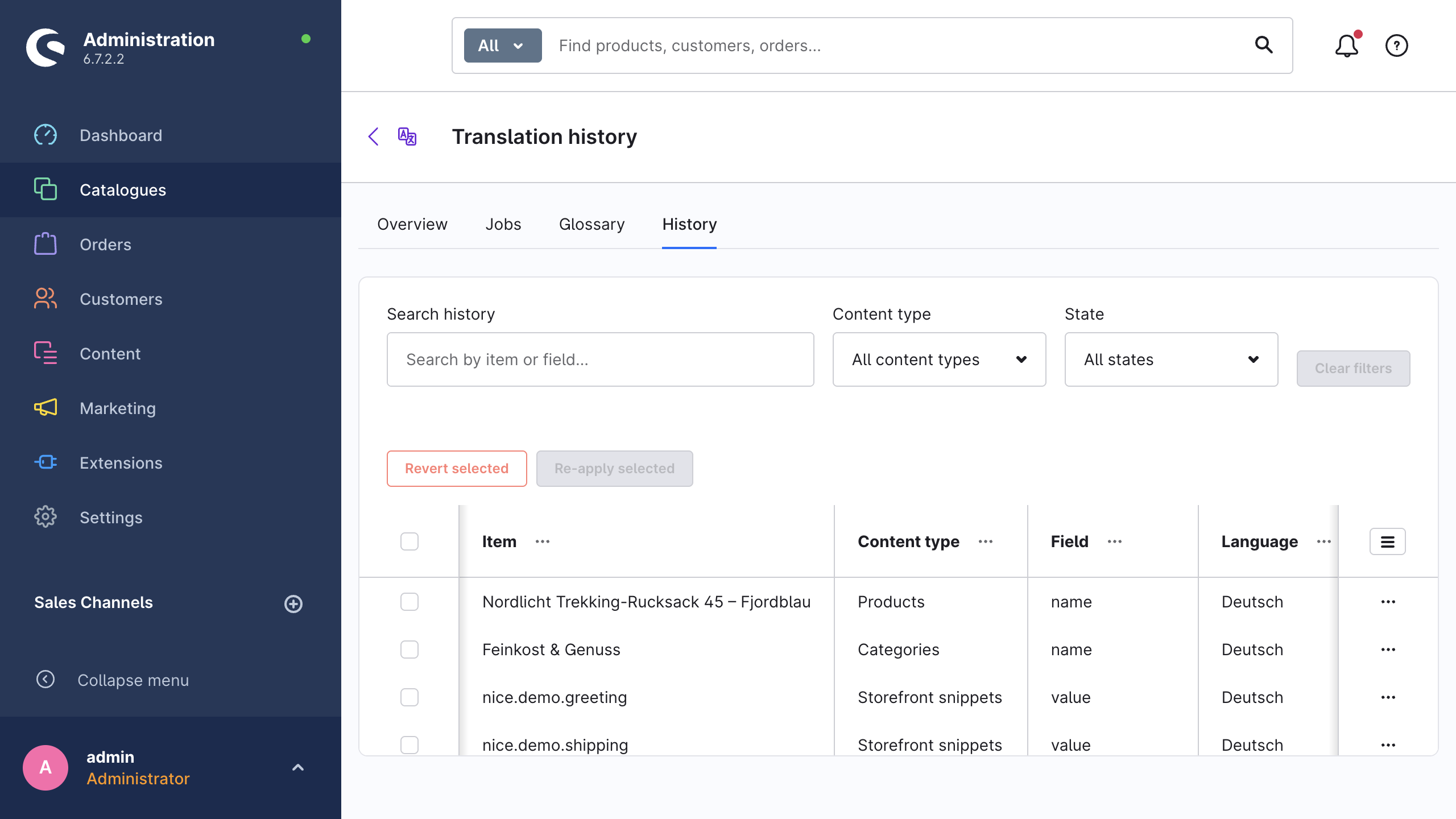 The global translation history with its search field, content-type and state filters and the revert and re-apply buttons above the list