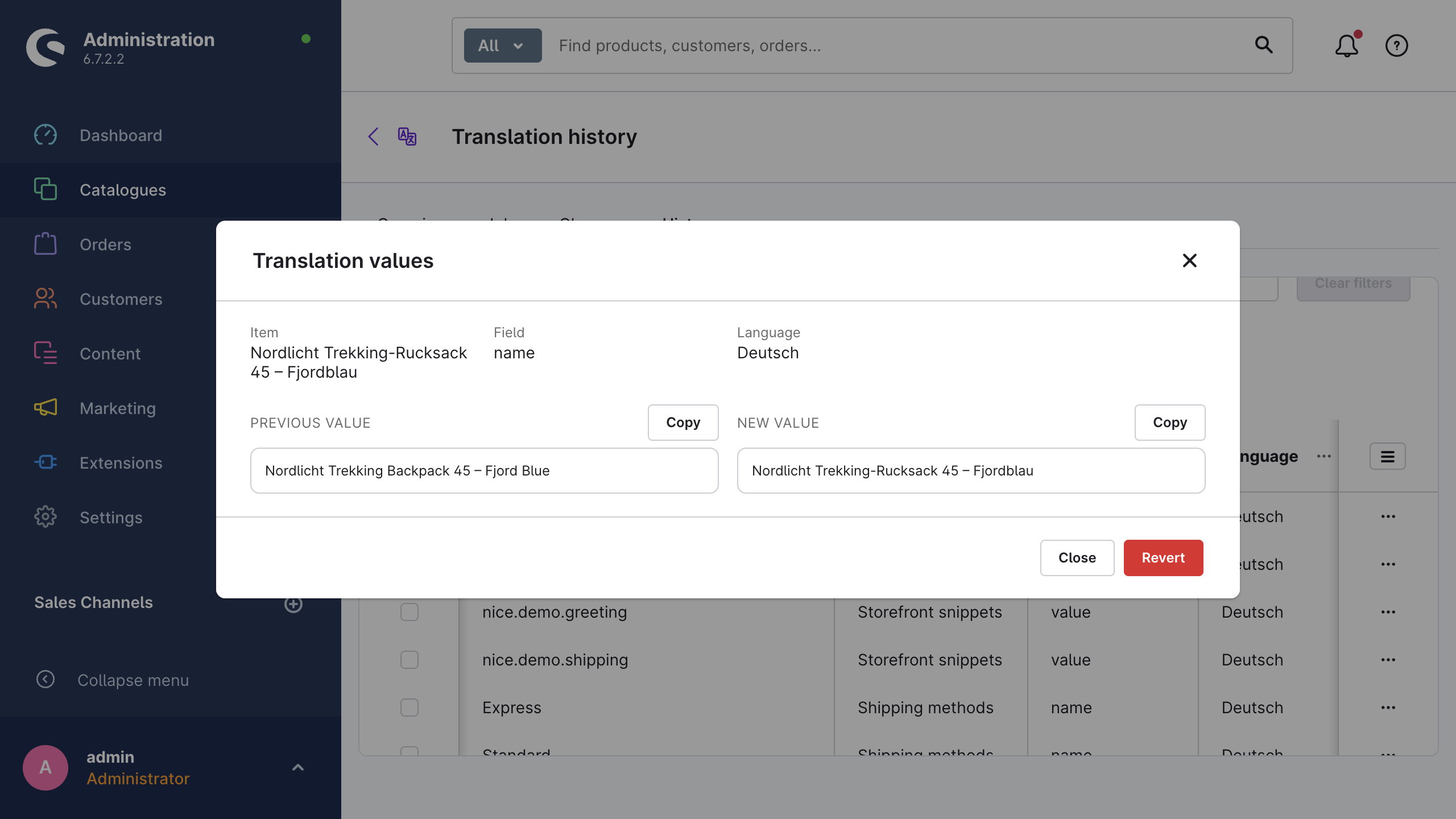 The translation values dialog showing the previous and the new value of a product name with copy buttons and a revert action
