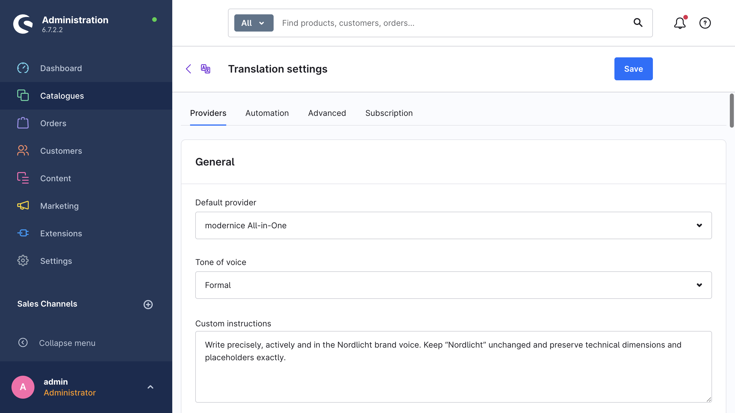 The Providers tab of the translation settings with the General card
