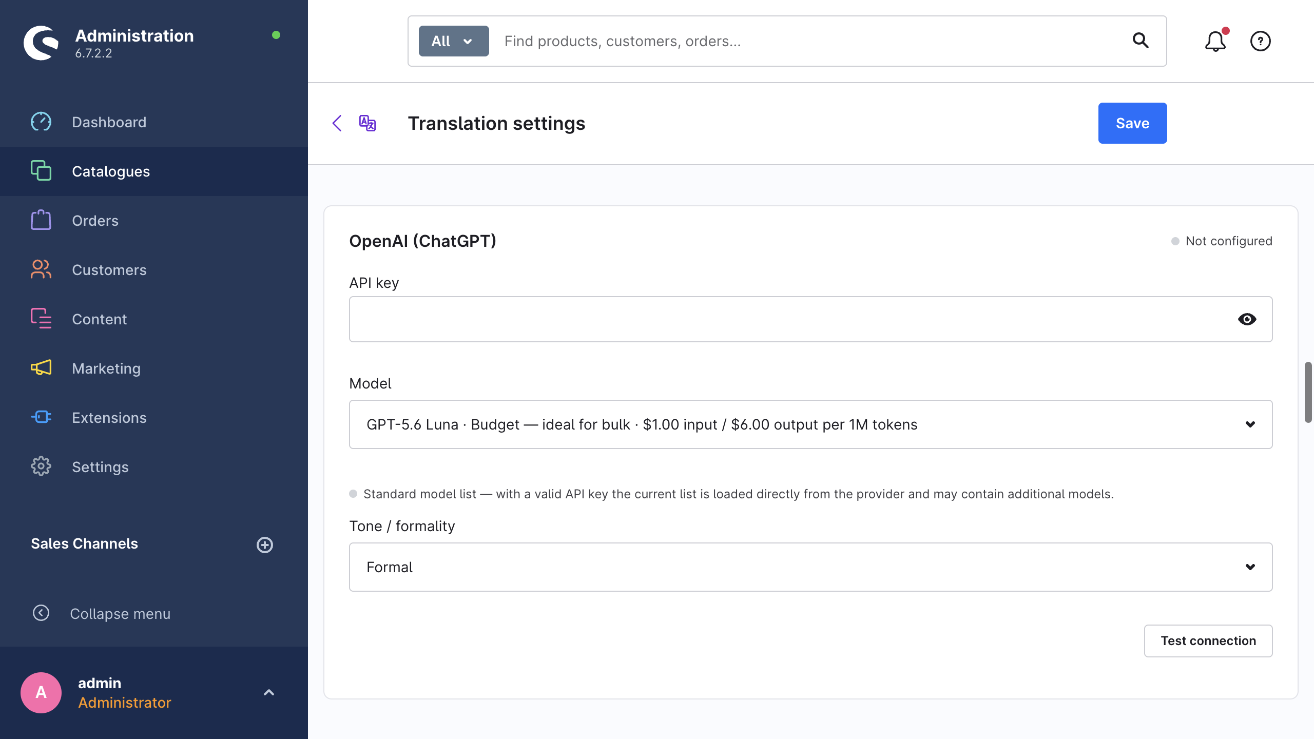 A provider card with the API key field, the model dropdown and the connection test