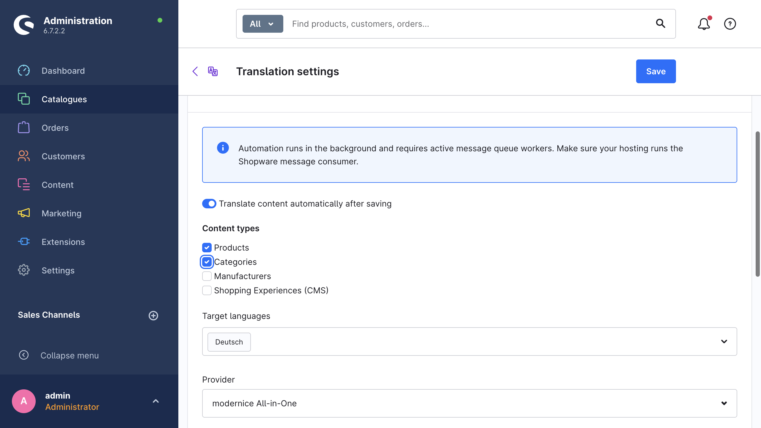 The Automation tab with the translate-on-save card