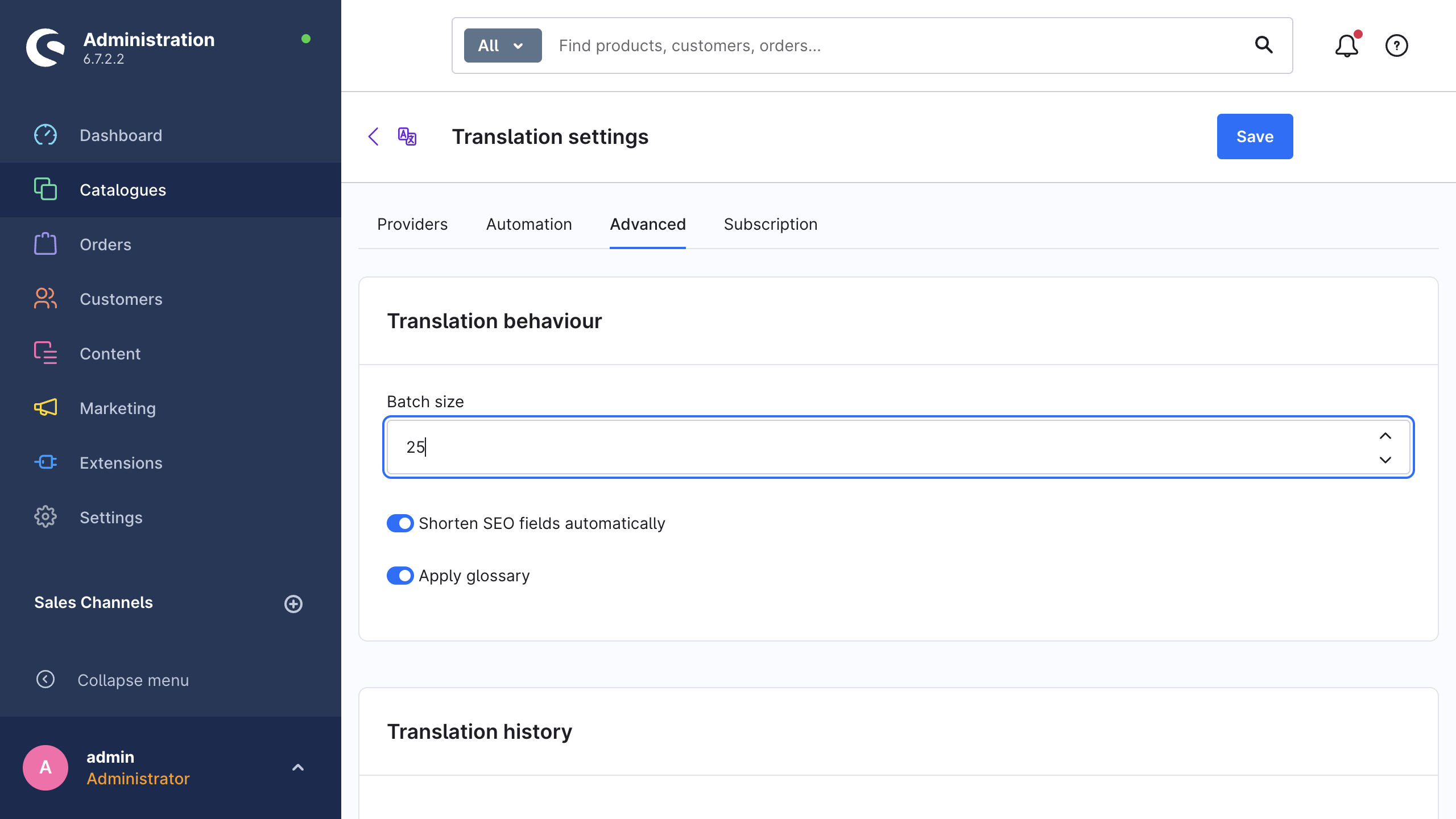 The Advanced tab with the translation behaviour card