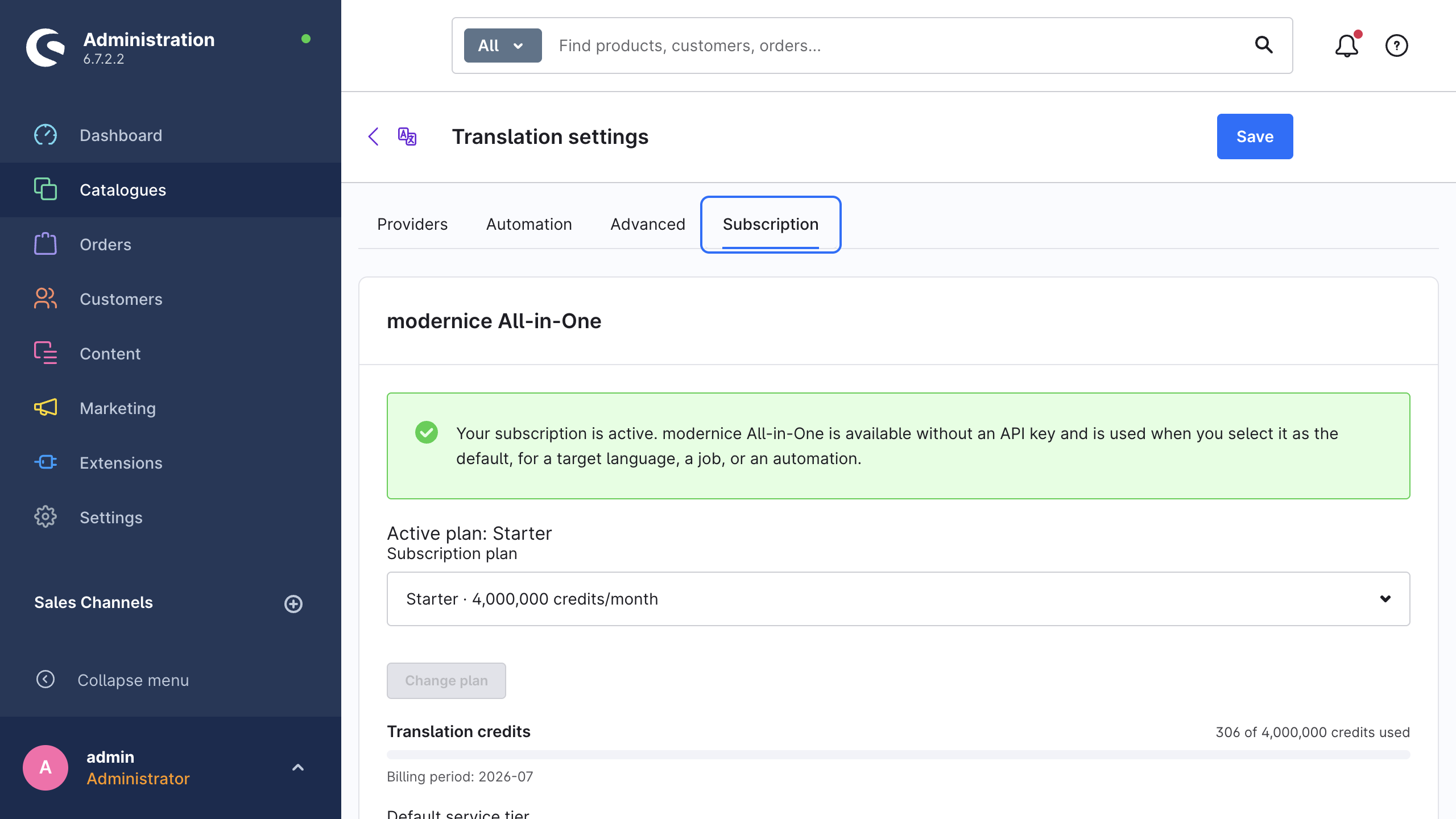 The Subscription tab with the active plan, the translation credits progress bar and the default service tier