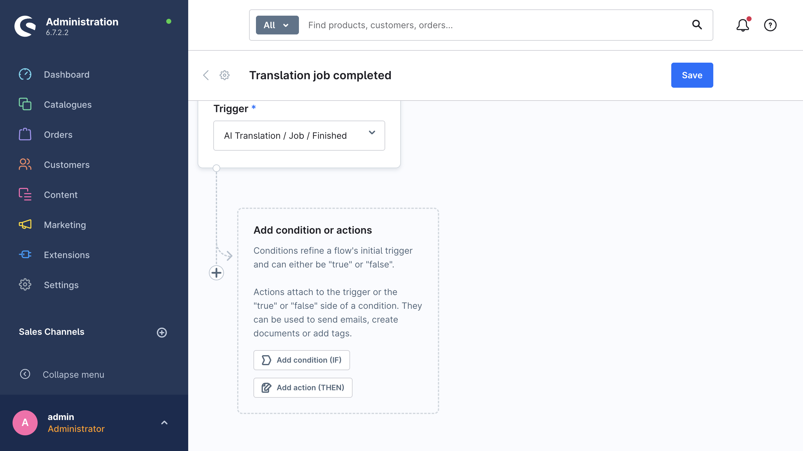 The Flow Builder editor with the trigger set to the AI Translation job-finished event
